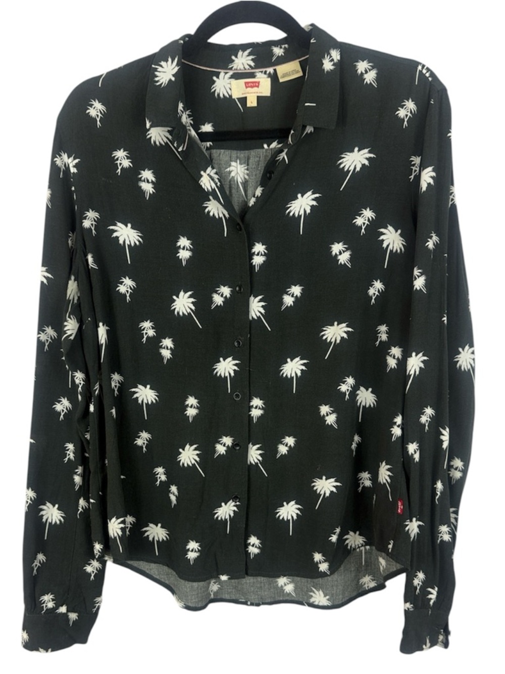 Levi's Black Shirt with White Palm Tree Pattern Long Sleeve Large Blouse